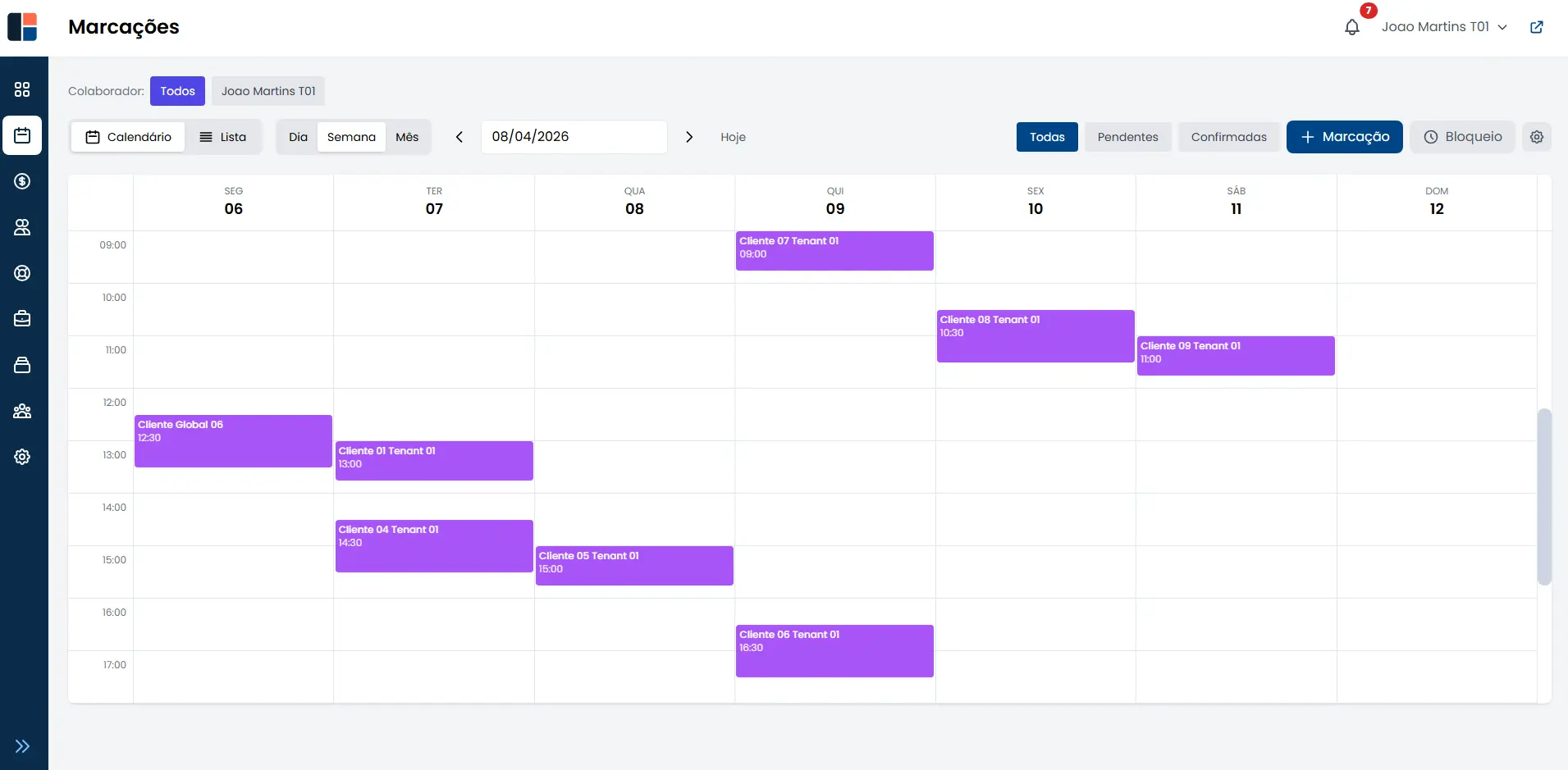 Painel de marcações online do FIRO com agenda, clientes e gestão de equipa