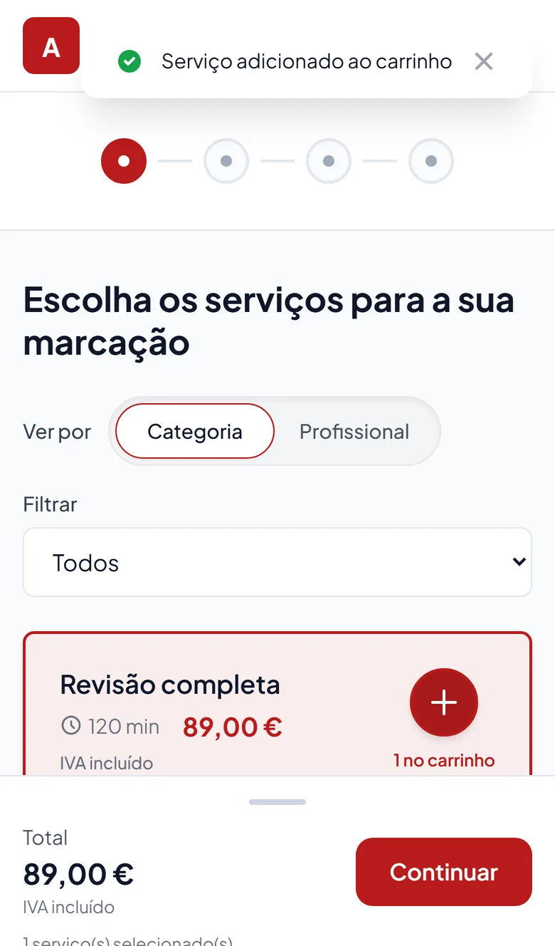 Escolha do serviço: revisão completa, 120 minutos, 89 €